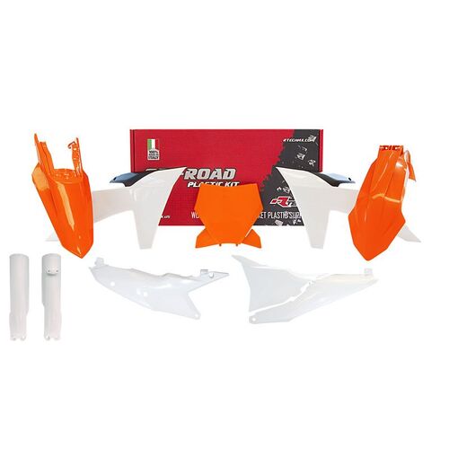 RTech KTM 125-450 SX/SXF 23-24 Orange/White Plastics Kit Incl Fork Protectors